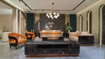 Beige Leather Sofa Set with Button Tufting Craftsmanship, Natural Wood Veneer & Orange Quilted Accents